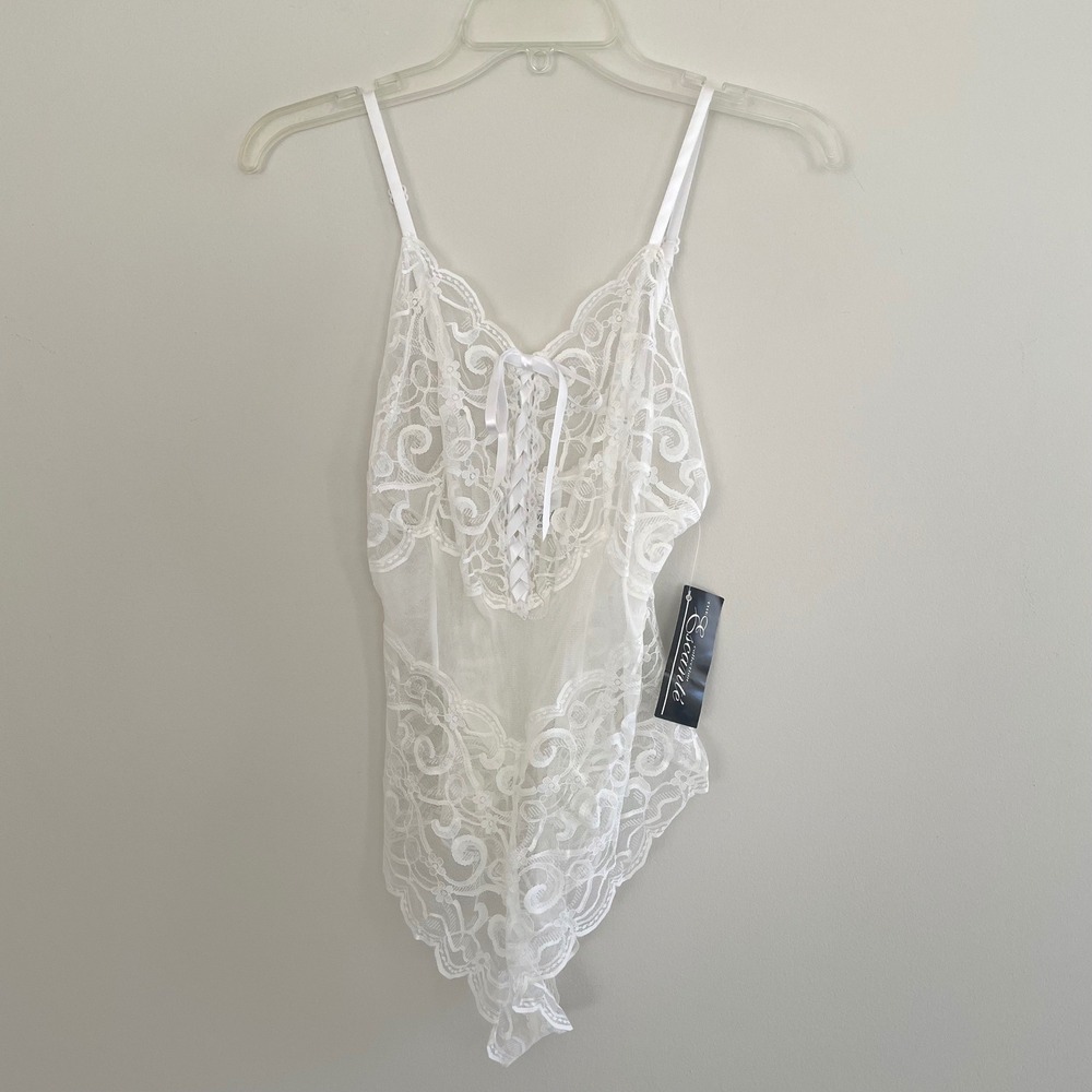 Escante White Lace Bodysuit Floral Mesh Lace-Up Lingerie Medium NWT